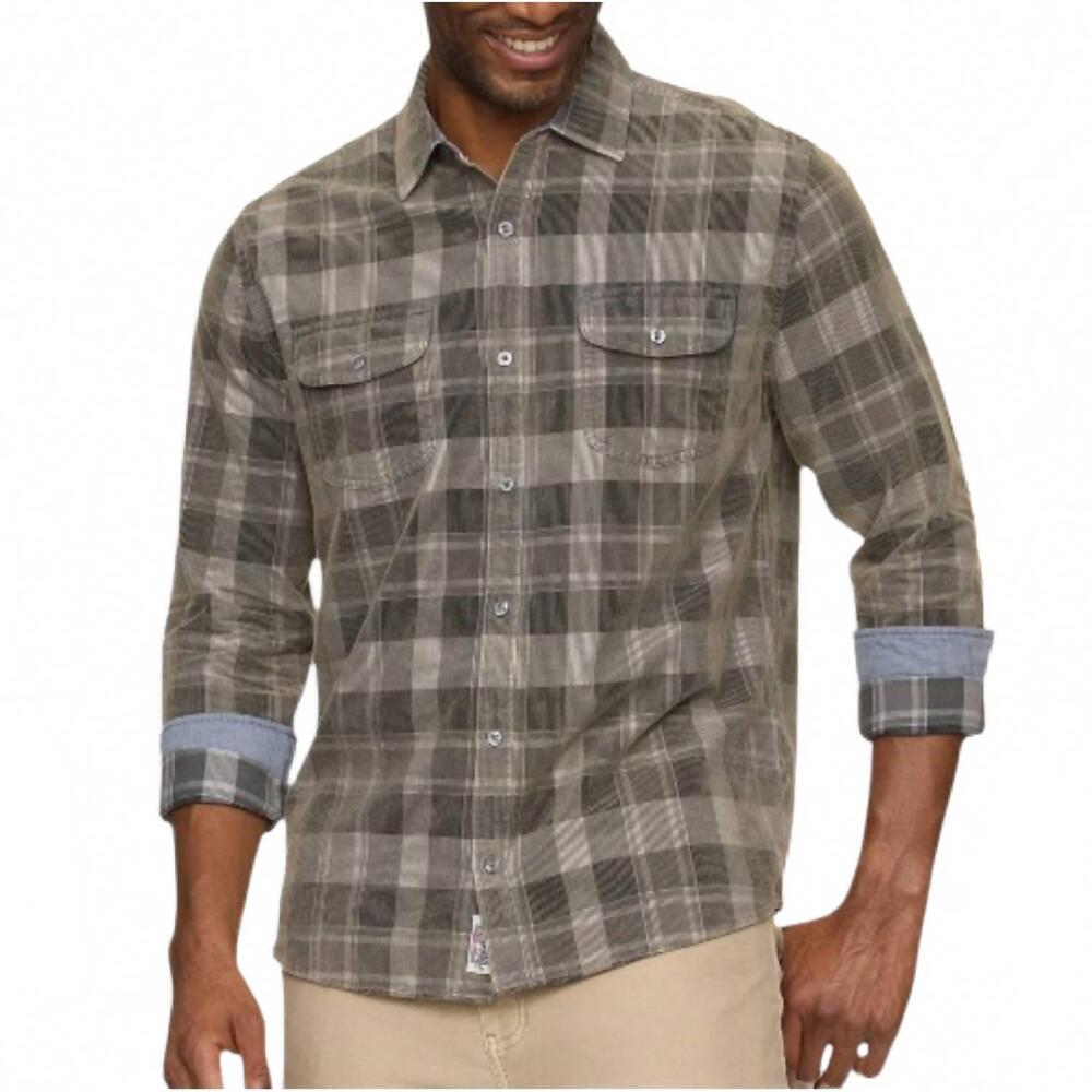 NEW FLAGS & ANTHEM bolton long sleeve corduroy plaid shirt in charcoal/grey